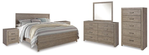 Culverbach King Panel Bed with Mirrored Dresser, Chest and 2 Nightstands Royal Furniture