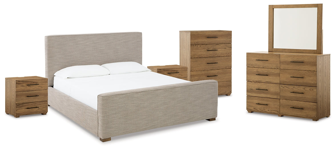 Dakmore King Upholstered Bed with Mirrored Dresser, Chest and 2 Nightstands Royal Furniture