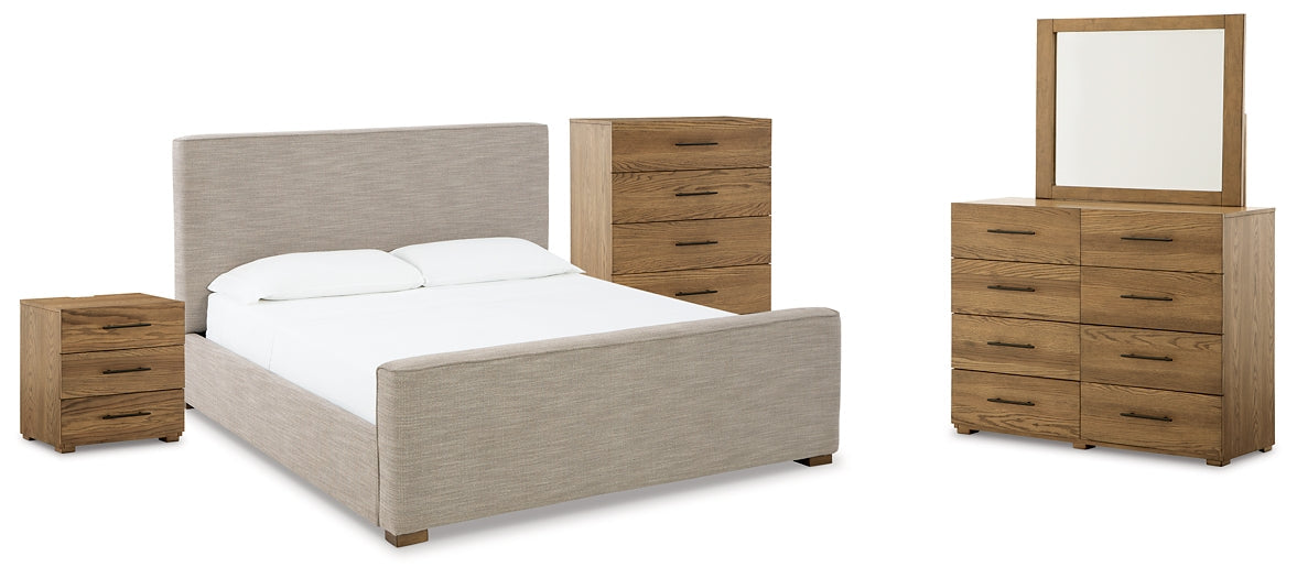 Dakmore King Upholstered Bed with Mirrored Dresser, Chest and Nightstand Royal Furniture