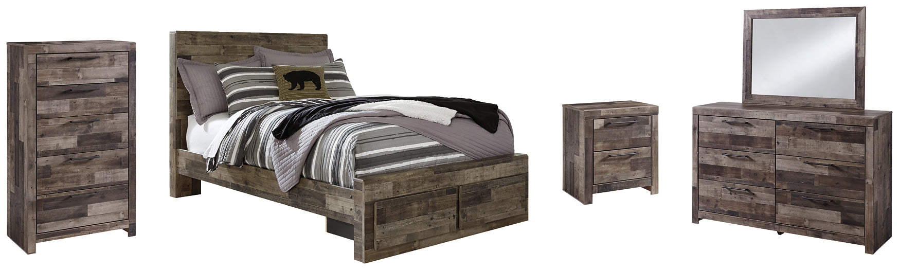 Derekson Full Panel Bed with 2 Storage Drawers with Mirrored Dresser, Chest and Nightstand Royal Furniture