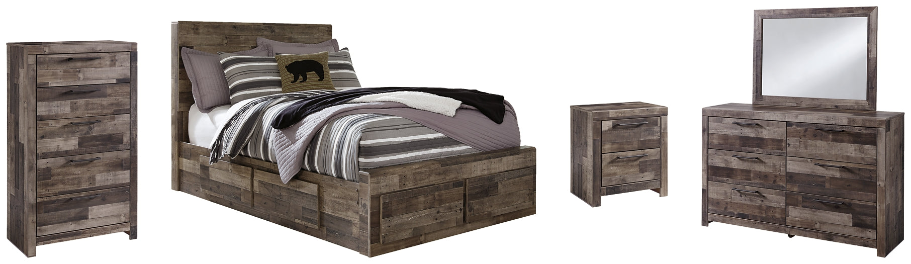 Derekson Full Panel Bed with 6 Storage Drawers with Mirrored Dresser, Chest and Nightstand Royal Furniture