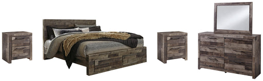 Derekson King Panel Bed with 2 Storage Drawers with Mirrored Dresser and 2 Nightstands Royal Furniture