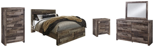 Derekson Queen Panel Bed with 2 Storage Drawers with Mirrored Dresser, Chest and Nightstand Royal Furniture