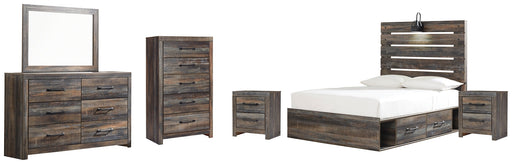 Drystan Full Panel Bed with 4 Storage Drawers with Mirrored Dresser, Chest and 2 Nightstands Royal Furniture