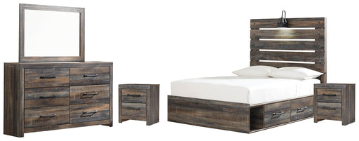 Drystan Full Panel Bed with 4 Storage Drawers with Mirrored Dresser and 2 Nightstands Royal Furniture