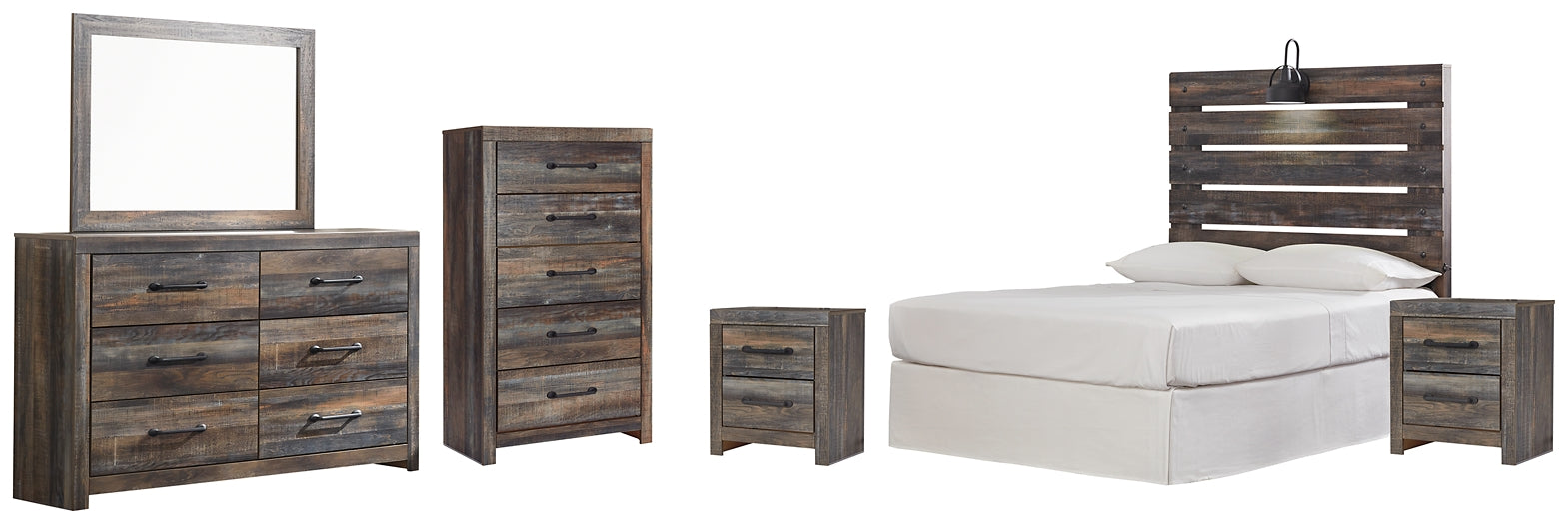 Drystan Full Panel Headboard with Mirrored Dresser, Chest and 2 Nightstands Royal Furniture