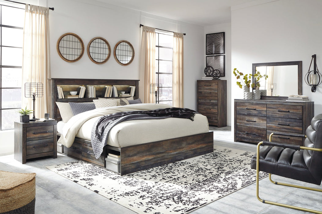 Drystan King Bookcase Bed with 2 Storage Drawers with Mirrored Dresser, Chest and Nightstand Royal Furniture