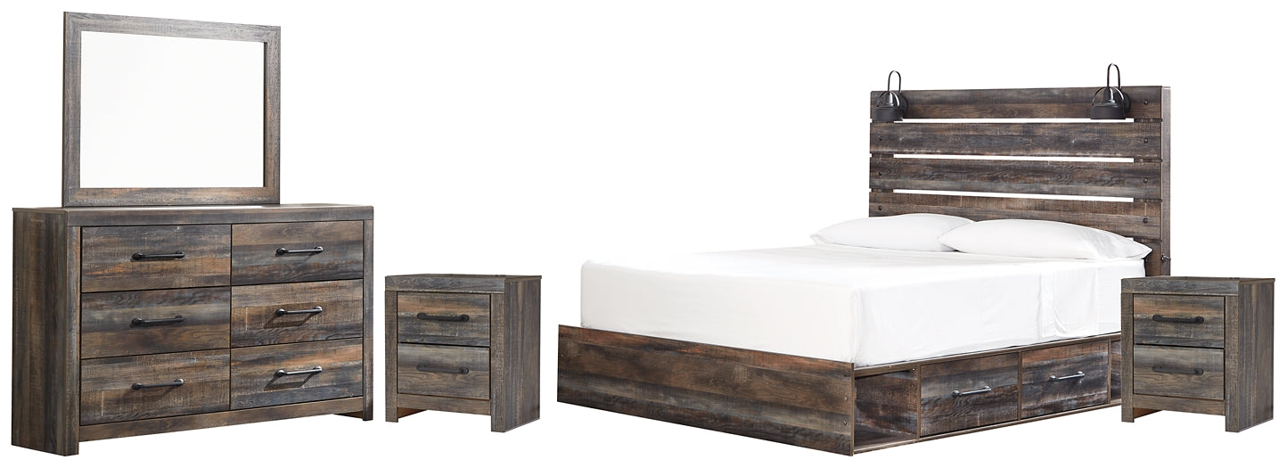 Drystan King Panel Bed with 2 Storage Drawers with Mirrored Dresser and 2 Nightstands Royal Furniture