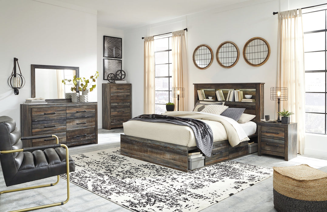 Drystan Queen Bookcase Bed with 4 Storage Drawers with Mirrored Dresser, Chest and 2 Nightstands Royal Furniture