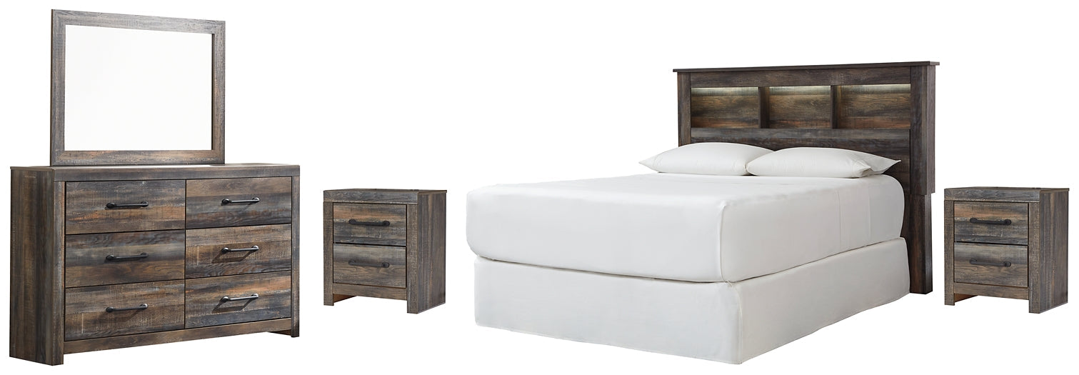 Drystan Queen/Full Bookcase Headboard with Mirrored Dresser and 2 Nightstands Royal Furniture