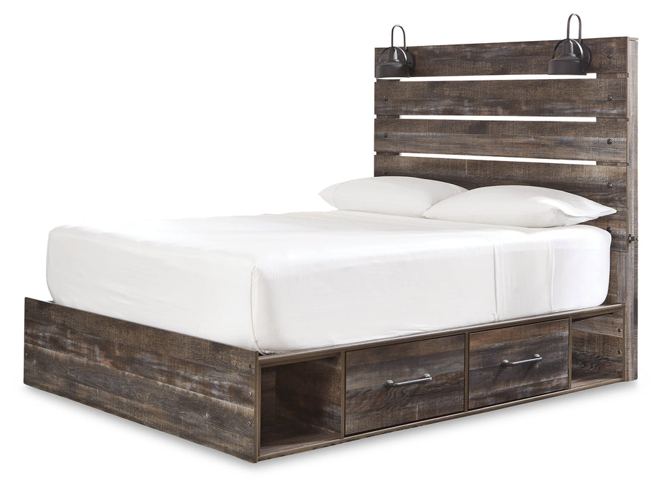 Drystan Queen Panel Bed with 2 Storage Drawers with Mirrored Dresser and 2 Nightstands Royal Furniture