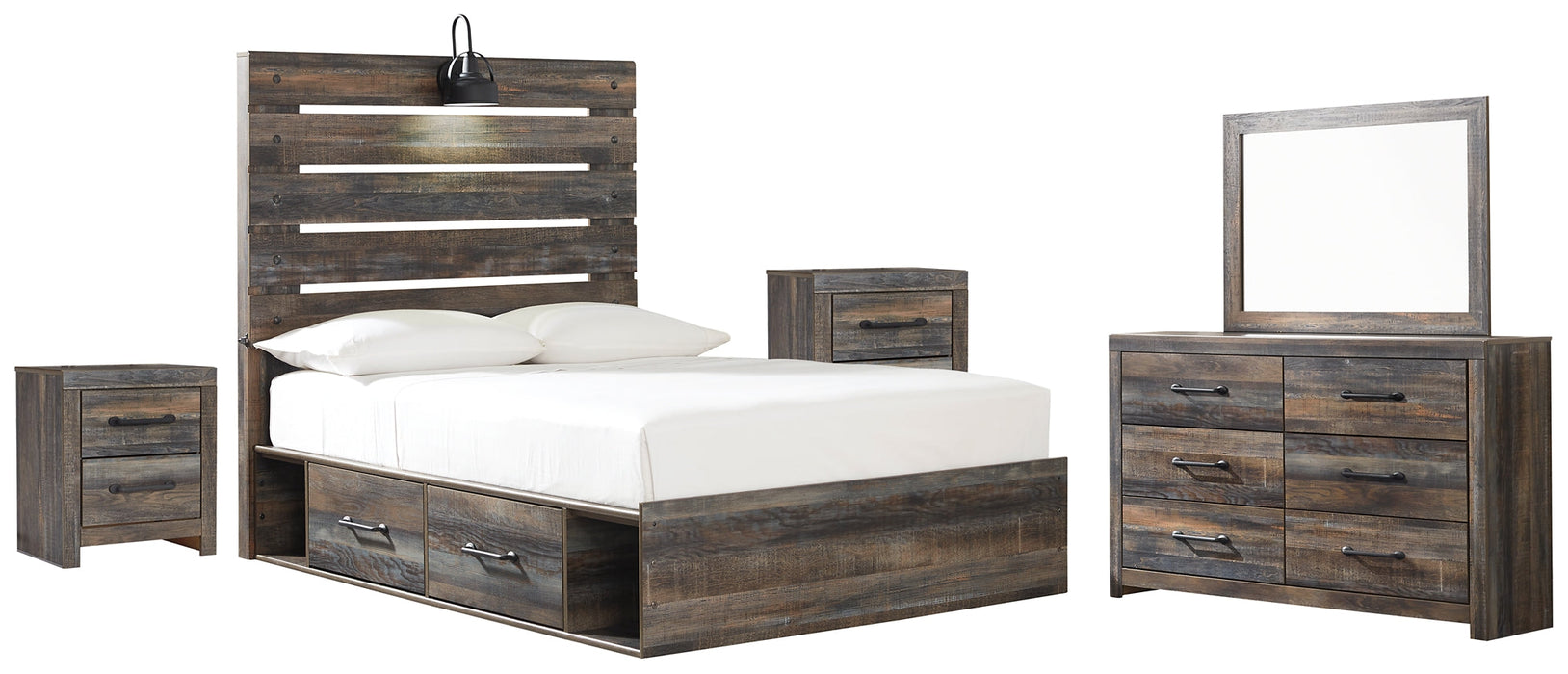 Drystan Twin Panel Bed with 2 Storage Drawers with Mirrored Dresser and 2 Nightstands Royal Furniture