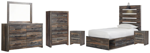 Drystan Twin Panel Bed with 4 Storage Drawers with Mirrored Dresser, Chest and 2 Nightstands Royal Furniture