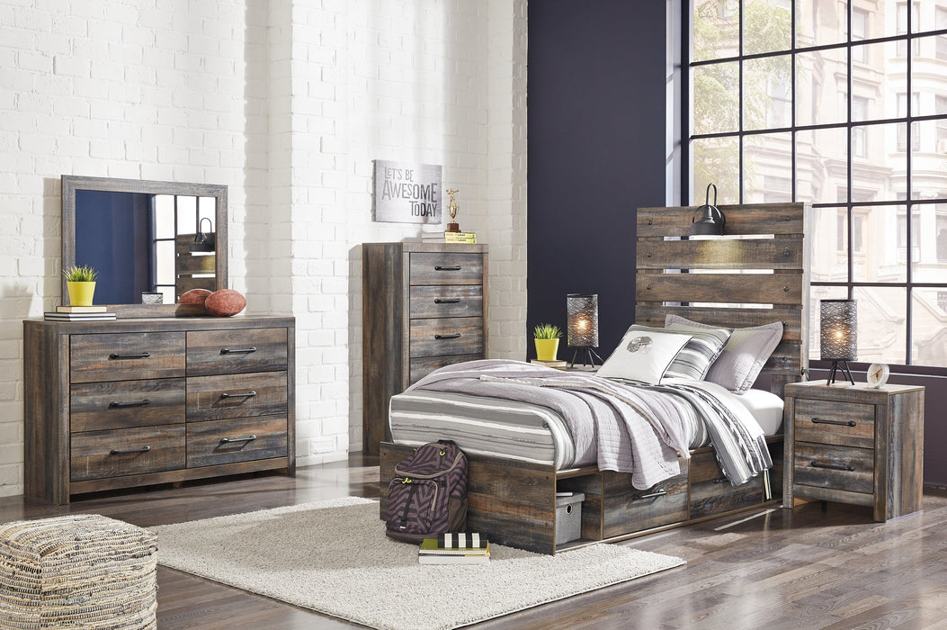 Drystan Twin Panel Bed with 4 Storage Drawers with Mirrored Dresser, Chest and 2 Nightstands Royal Furniture