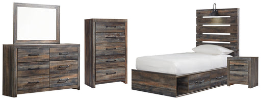 Drystan Twin Panel Bed with 4 Storage Drawers with Mirrored Dresser, Chest and Nightstand Royal Furniture