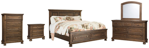 Flynnter California King Panel Bed with 2 Storage Drawers with Mirrored Dresser, Chest and Nightstand Royal Furniture