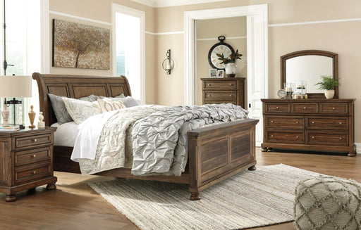 Flynnter King Panel Bed with 2 Storage Drawers with Mirrored Dresser, Chest and Nightstand Royal Furniture