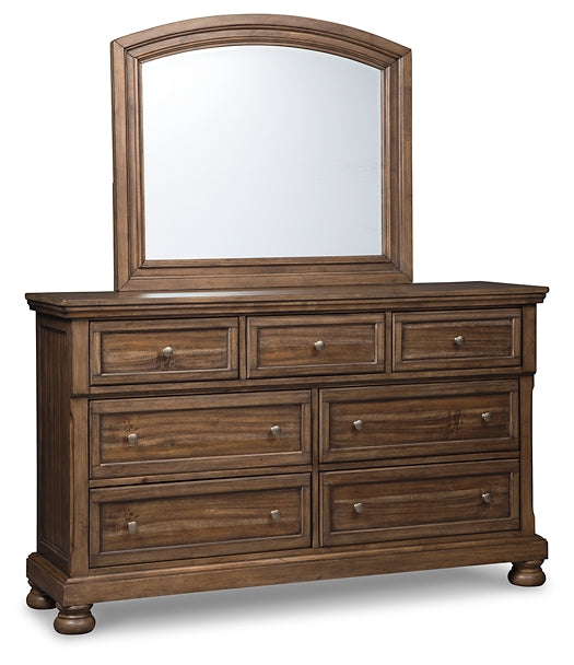 Flynnter Queen Panel Bed with 2 Storage Drawers with Mirrored Dresser, Chest and 2 Nightstands Royal Furniture