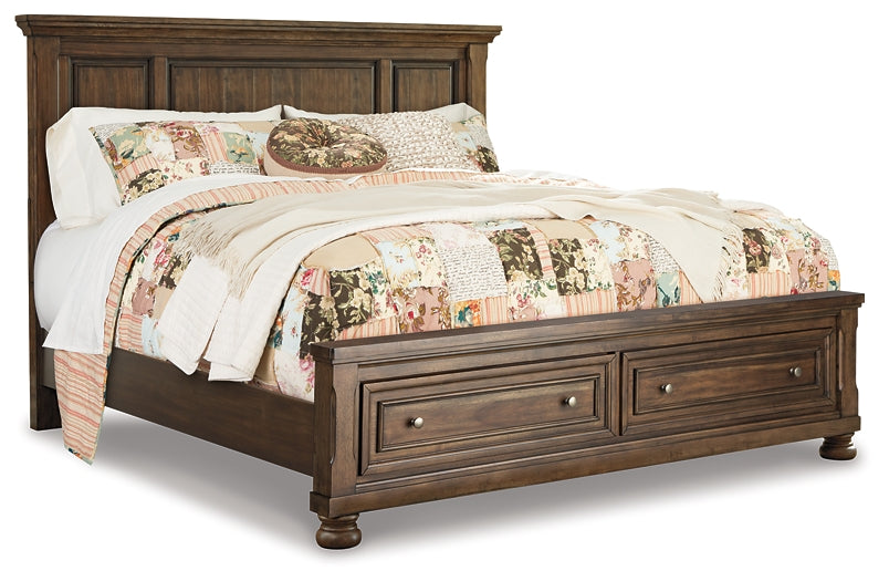 Flynnter Queen Panel Bed with 2 Storage Drawers with Mirrored Dresser, Chest and 2 Nightstands Royal Furniture