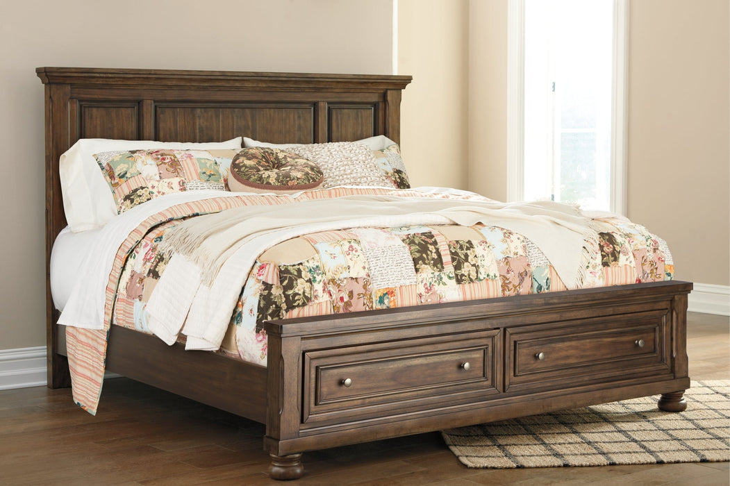 Flynnter Queen Panel Bed with 2 Storage Drawers with Mirrored Dresser, Chest and 2 Nightstands Royal Furniture