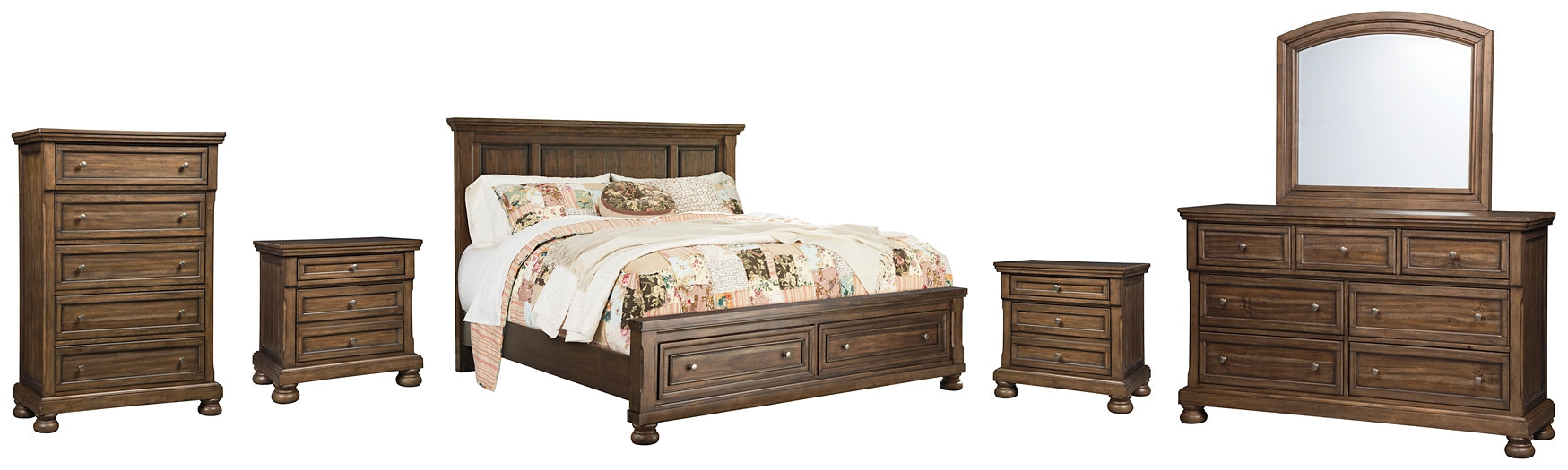 Flynnter Queen Panel Bed with 2 Storage Drawers with Mirrored Dresser, Chest and 2 Nightstands Royal Furniture