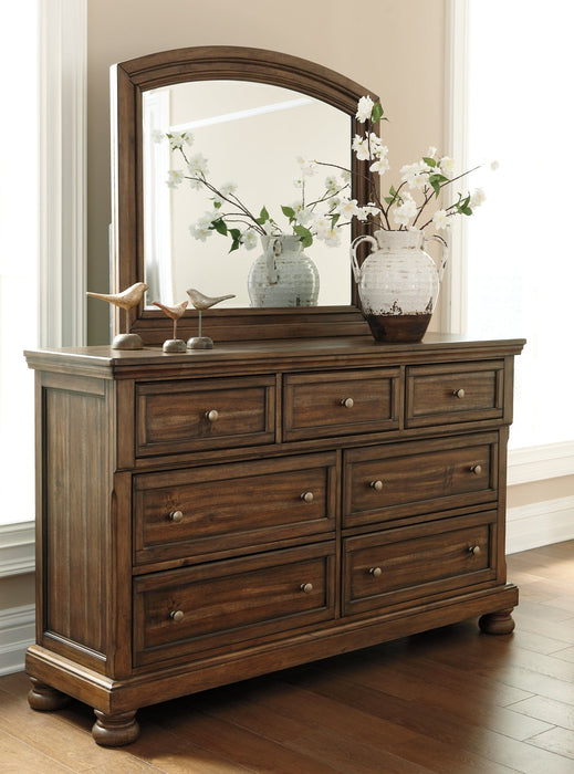 Flynnter Queen Panel Bed with 2 Storage Drawers with Mirrored Dresser Royal Furniture