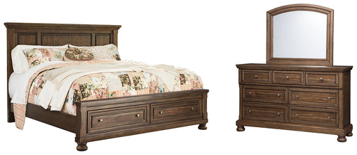 Flynnter Queen Panel Bed with 2 Storage Drawers with Mirrored Dresser Royal Furniture