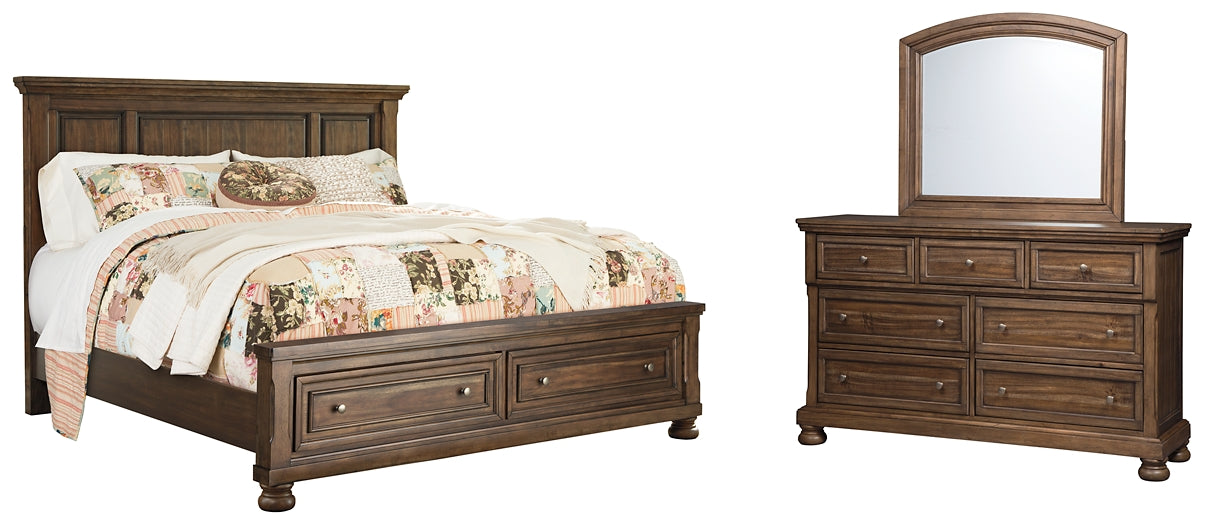 Flynnter Queen Panel Bed with 2 Storage Drawers with Mirrored Dresser Royal Furniture