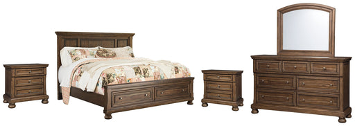 Flynnter Queen Panel Bed with 2 Storage Drawers with Mirrored Dresser and 2 Nightstands Royal Furniture