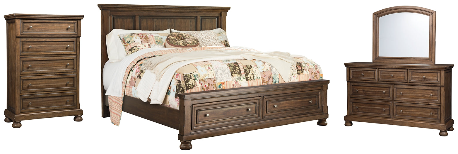 Flynnter Queen Panel Bed with 2 Storage Drawers with Mirrored Dresser and Chest Royal Furniture