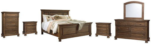 Flynnter Queen Panel Bed with Mirrored Dresser, Chest and 2 Nightstands Royal Furniture