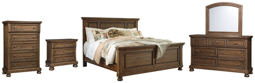 Flynnter Queen Panel Bed with Mirrored Dresser, Chest and Nightstand Royal Furniture