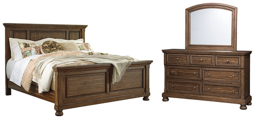 Flynnter Queen Panel Bed with Mirrored Dresser Royal Furniture