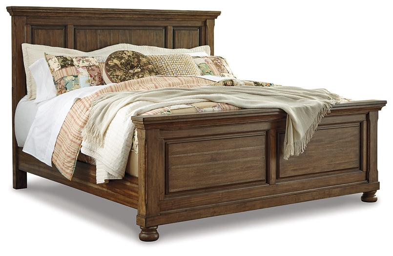 Flynnter Queen Panel Bed with Mirrored Dresser and Chest Royal Furniture