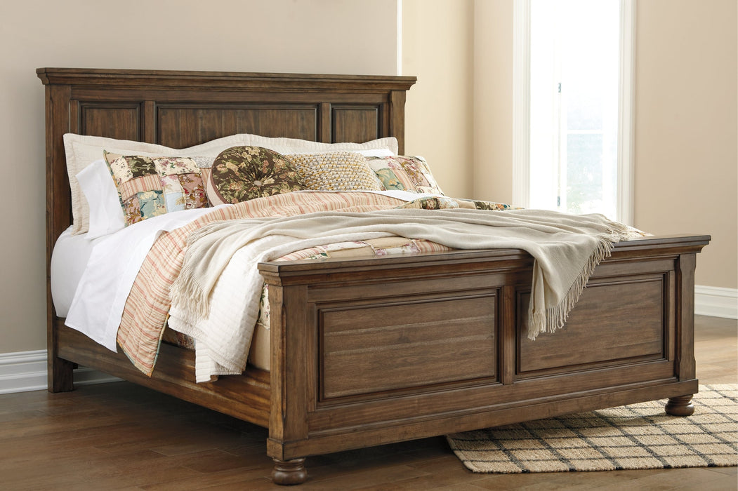 Flynnter Queen Panel Bed with Mirrored Dresser and Chest Royal Furniture