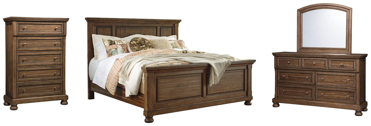 Flynnter Queen Panel Bed with Mirrored Dresser and Chest Royal Furniture