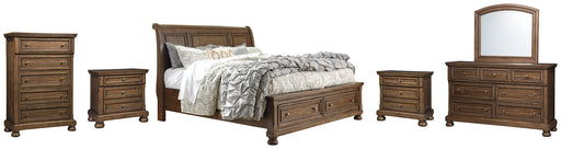 Flynnter Queen Sleigh Bed with 2 Storage Drawers with Mirrored Dresser, Chest and 2 Nightstands Royal Furniture