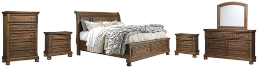 Flynnter Queen Sleigh Bed with 2 Storage Drawers with Mirrored Dresser, Chest and 2 Nightstands Royal Furniture