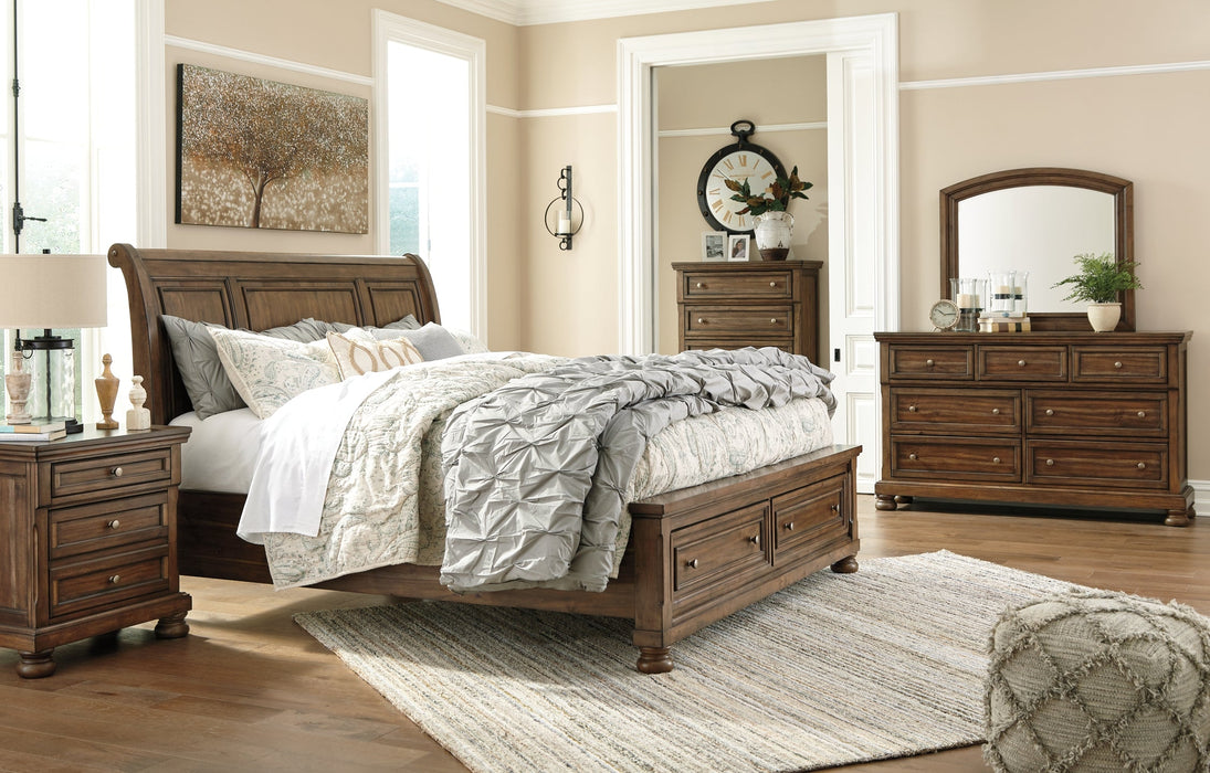 Flynnter Queen Sleigh Bed with 2 Storage Drawers with Mirrored Dresser, Chest and Nightstand Royal Furniture