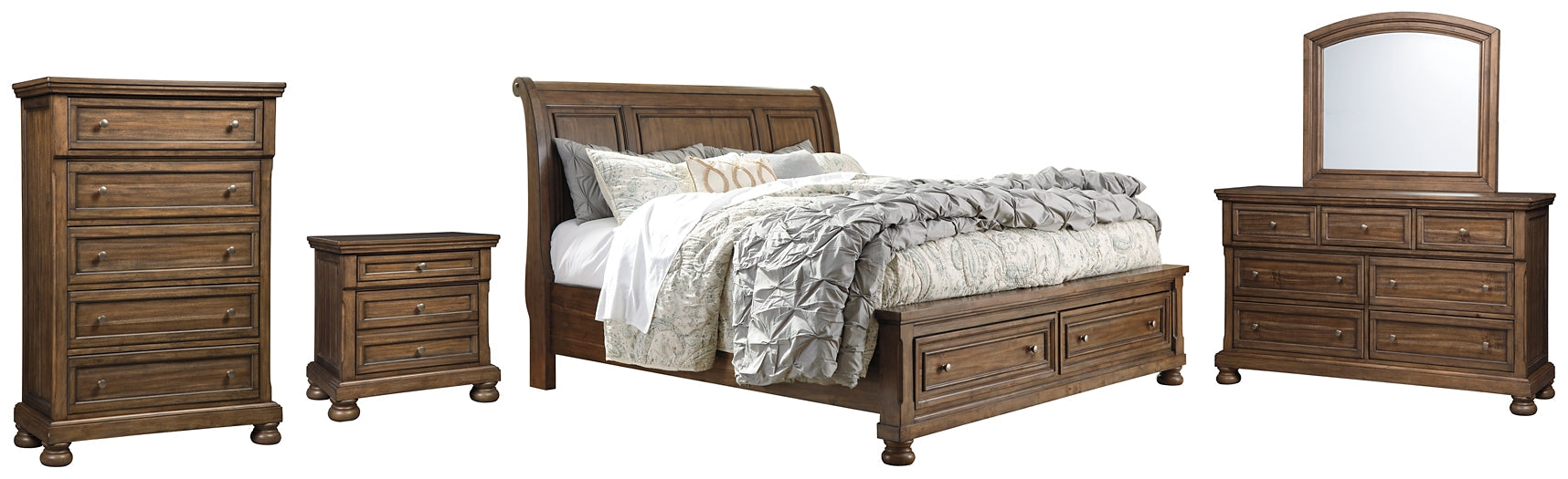 Flynnter Queen Sleigh Bed with 2 Storage Drawers with Mirrored Dresser, Chest and Nightstand Royal Furniture