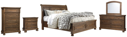 Flynnter Queen Sleigh Bed with 2 Storage Drawers with Mirrored Dresser, Chest and Nightstand Royal Furniture