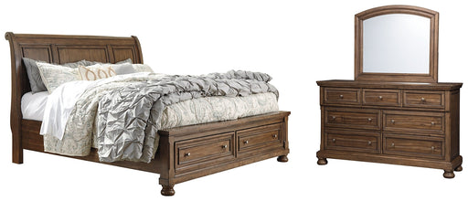 Flynnter Queen Sleigh Bed with 2 Storage Drawers with Mirrored Dresser Royal Furniture