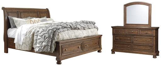 Flynnter Queen Sleigh Bed with 2 Storage Drawers with Mirrored Dresser Royal Furniture