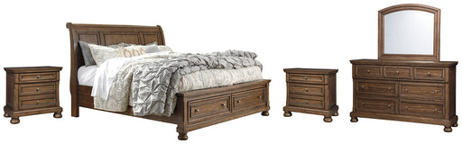 Flynnter Queen Sleigh Bed with 2 Storage Drawers with Mirrored Dresser and 2 Nightstands Royal Furniture