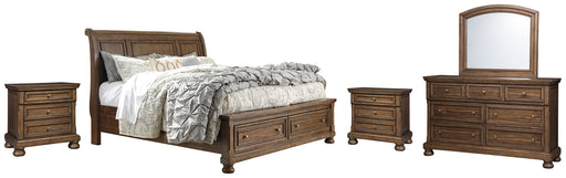 Flynnter Queen Sleigh Bed with 2 Storage Drawers with Mirrored Dresser and 2 Nightstands Royal Furniture