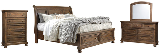 Flynnter Queen Sleigh Bed with 2 Storage Drawers with Mirrored Dresser and Chest Royal Furniture