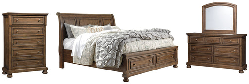 Flynnter Queen Sleigh Bed with 2 Storage Drawers with Mirrored Dresser and Chest Royal Furniture