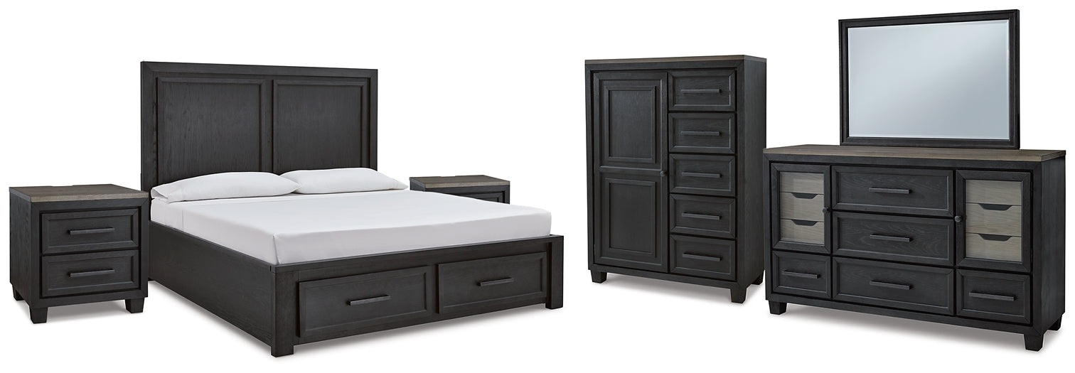 Foyland California King Panel Storage Bed with Mirrored Dresser, Chest and 2 Nightstands Royal Furniture