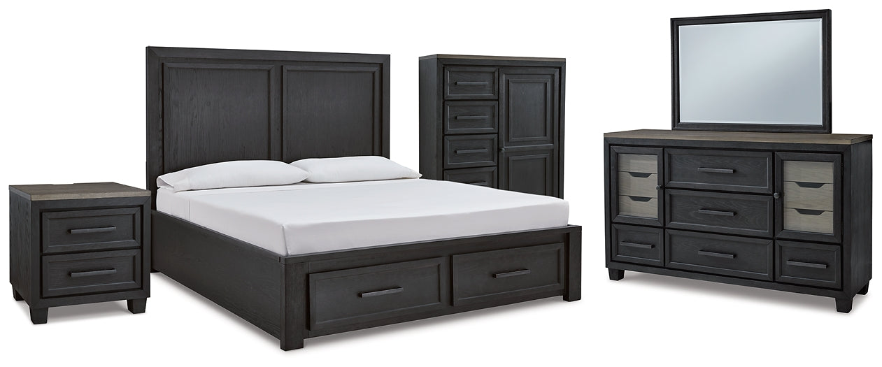 Foyland California King Panel Storage Bed with Mirrored Dresser, Chest and Nightstand Royal Furniture