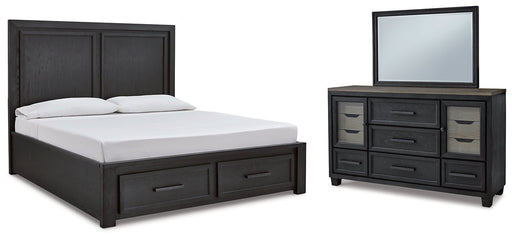 Foyland California King Panel Storage Bed with Mirrored Dresser Royal Furniture